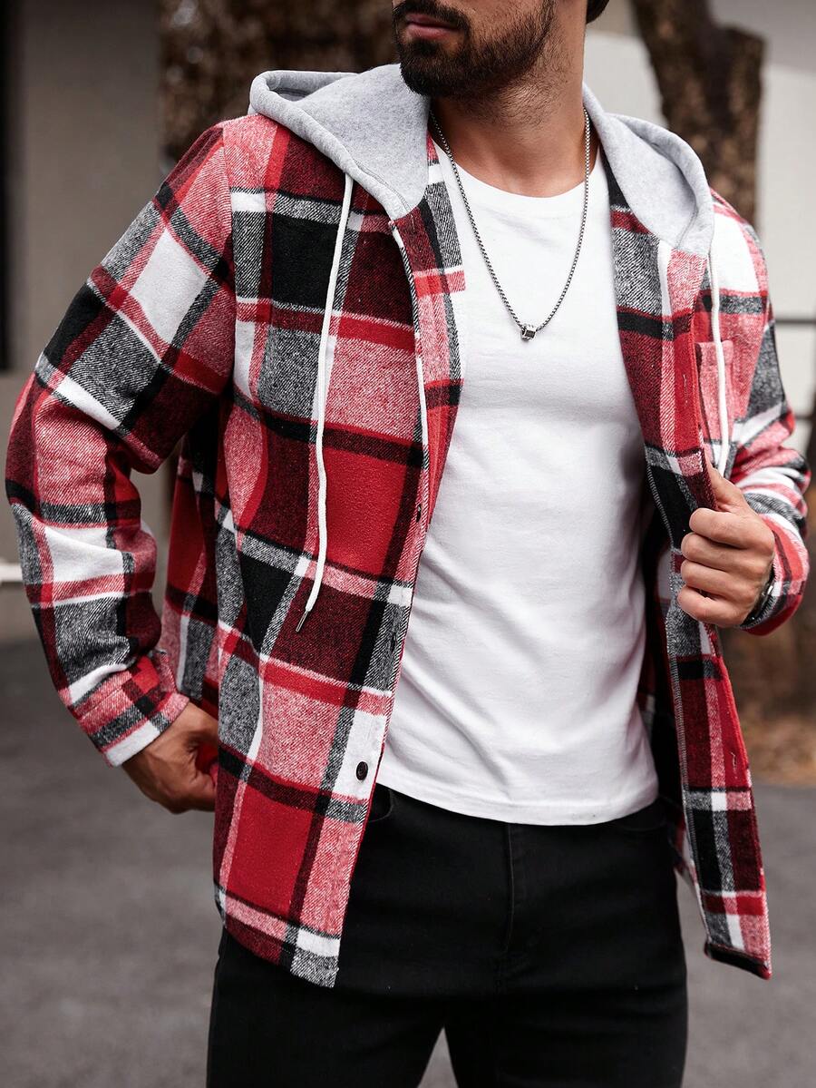 Manfinity Homme Chemise à capuche décontractée à manches longues avec cordon de serrage, grande taille pour hommes, motif à carreaux, sans t-shirt, cadeau pour petit ami