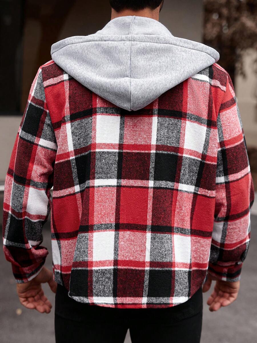 Manfinity Homme Chemise à capuche décontractée à manches longues avec cordon de serrage, grande taille pour hommes, motif à carreaux, sans t-shirt, cadeau pour petit ami