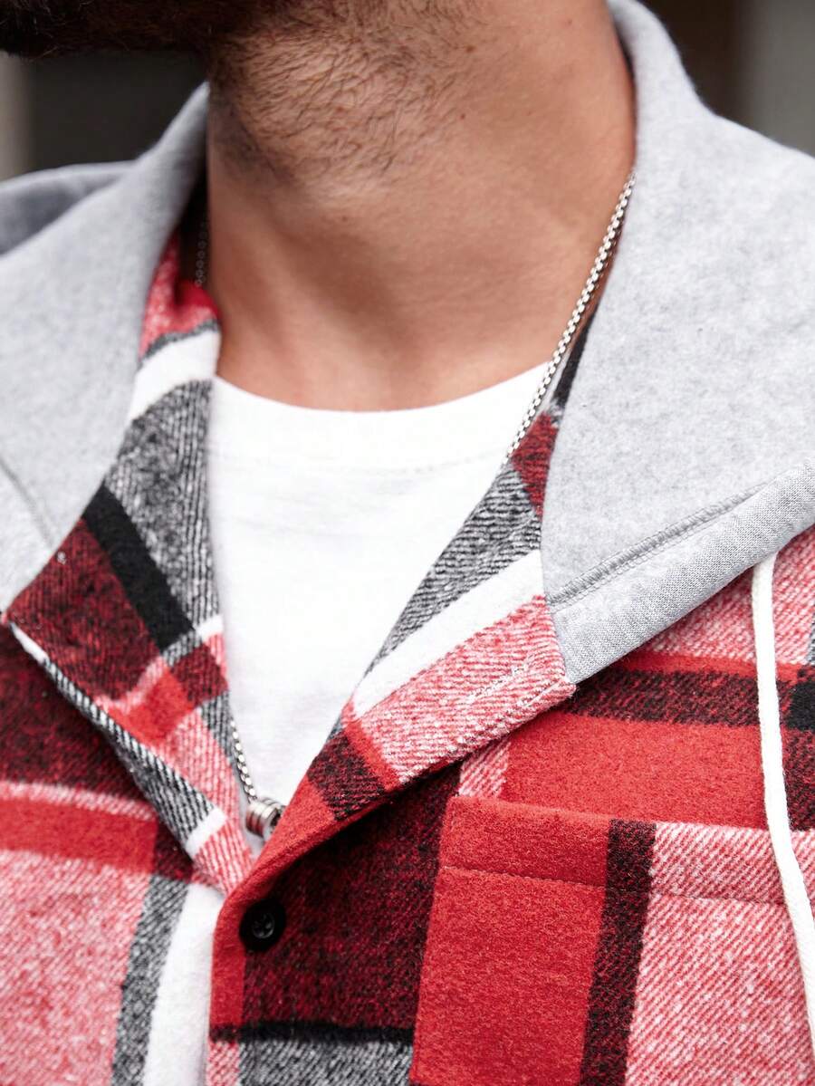 Manfinity Homme Chemise à capuche décontractée à manches longues avec cordon de serrage, grande taille pour hommes, motif à carreaux, sans t-shirt, cadeau pour petit ami