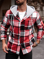 Manfinity Homme Chemise à capuche décontractée à manches longues avec cordon de serrage, grande taille pour hommes, motif à carreaux, sans t-shirt, cadeau pour petit ami