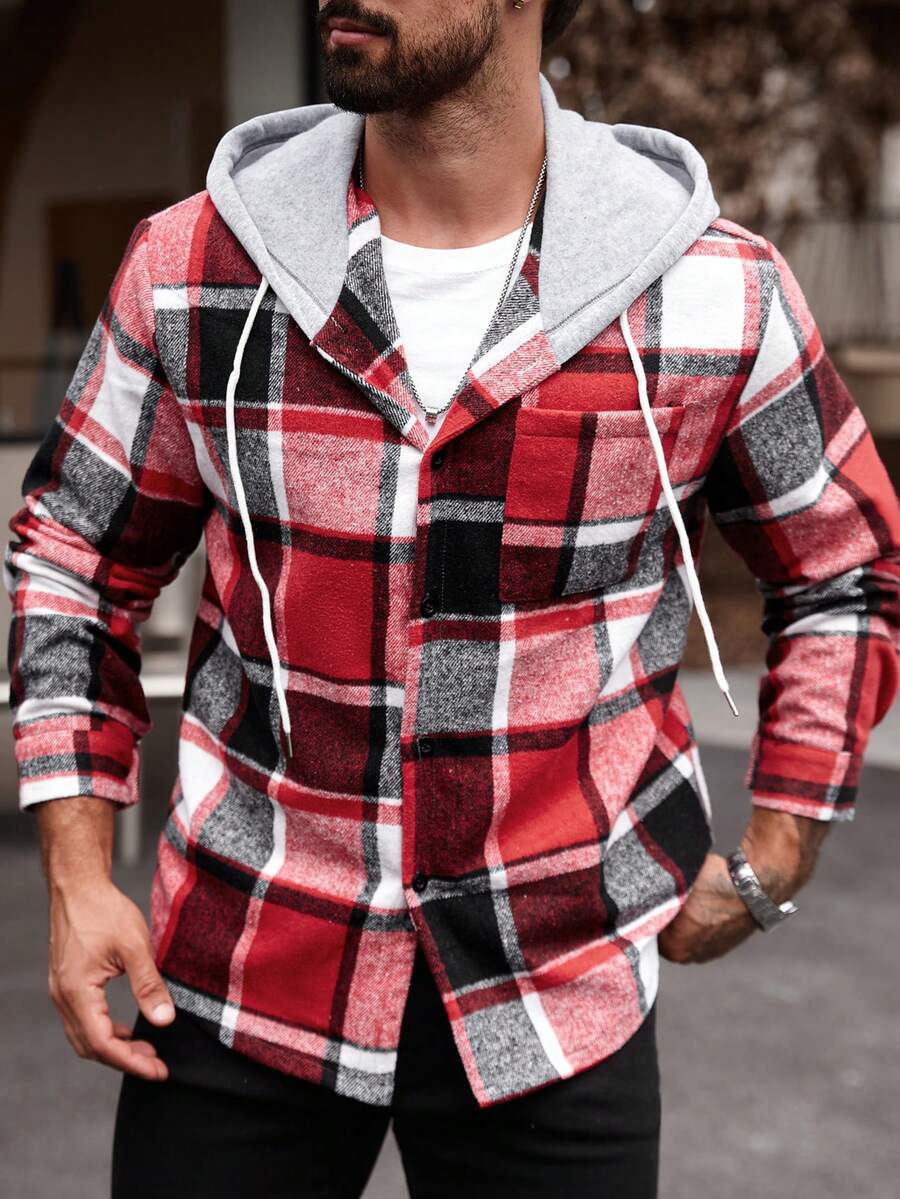 Manfinity Homme Chemise à capuche décontractée à manches longues avec cordon de serrage, grande taille pour hommes, motif à carreaux, sans t-shirt, cadeau pour petit ami