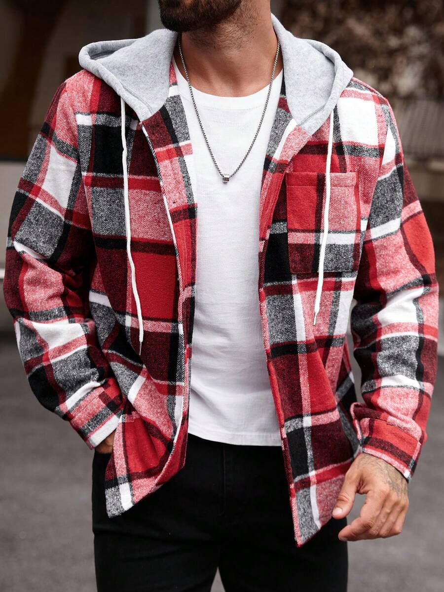 Manfinity Homme Chemise à capuche décontractée à manches longues avec cordon de serrage, grande taille pour hommes, motif à carreaux, sans t-shirt, cadeau pour petit ami