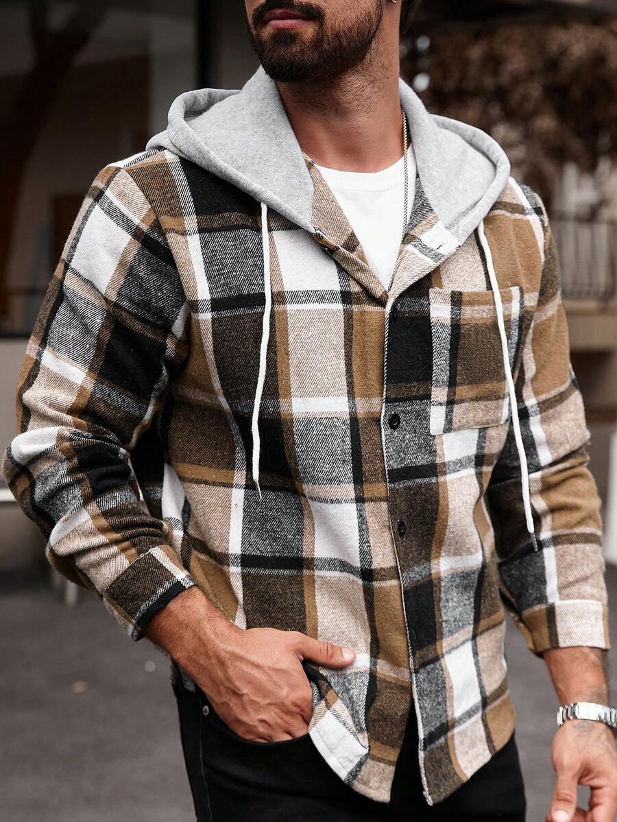 Manfinity Homme Chemise à capuche décontractée à manches longues avec cordon de serrage, grande taille pour hommes, motif à carreaux, sans t-shirt, cadeau pour petit ami