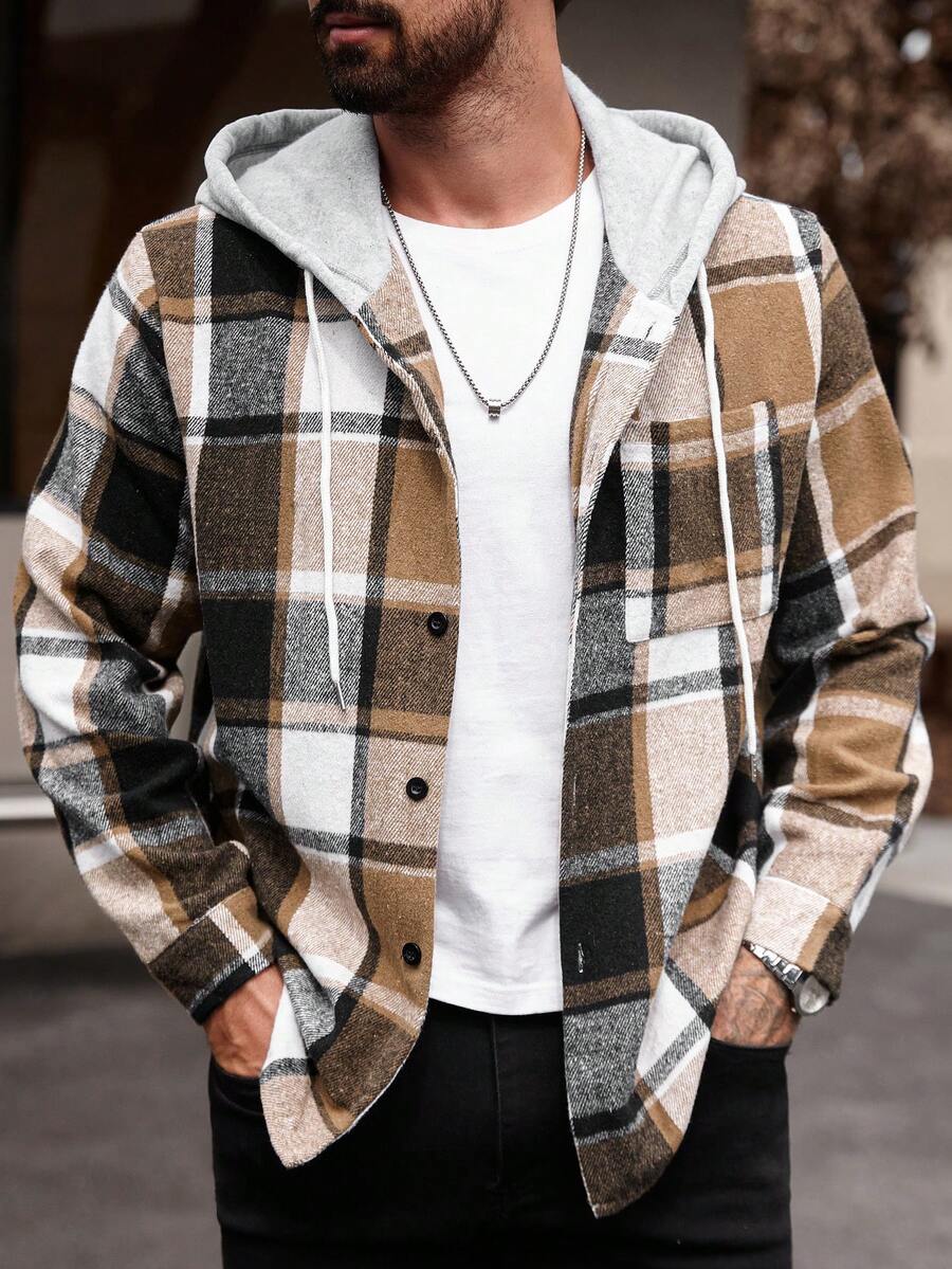 Manfinity Homme Chemise à capuche décontractée à manches longues avec cordon de serrage, grande taille pour hommes, motif à carreaux, sans t-shirt, cadeau pour petit ami