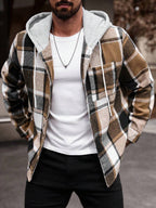 Manfinity Homme Chemise à capuche décontractée à manches longues avec cordon de serrage, grande taille pour hommes, motif à carreaux, sans t-shirt, cadeau pour petit ami