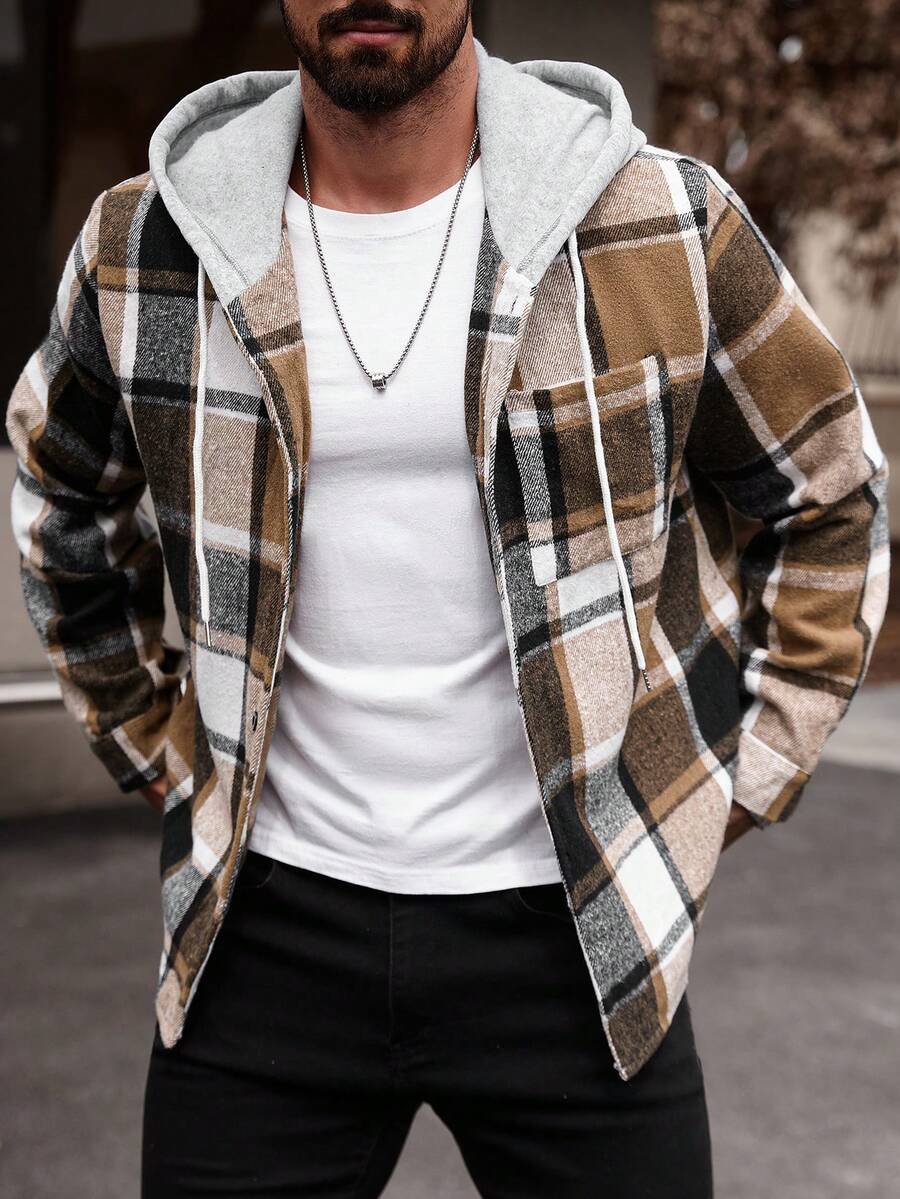 Manfinity Homme Chemise à capuche décontractée à manches longues avec cordon de serrage, grande taille pour hommes, motif à carreaux, sans t-shirt, cadeau pour petit ami