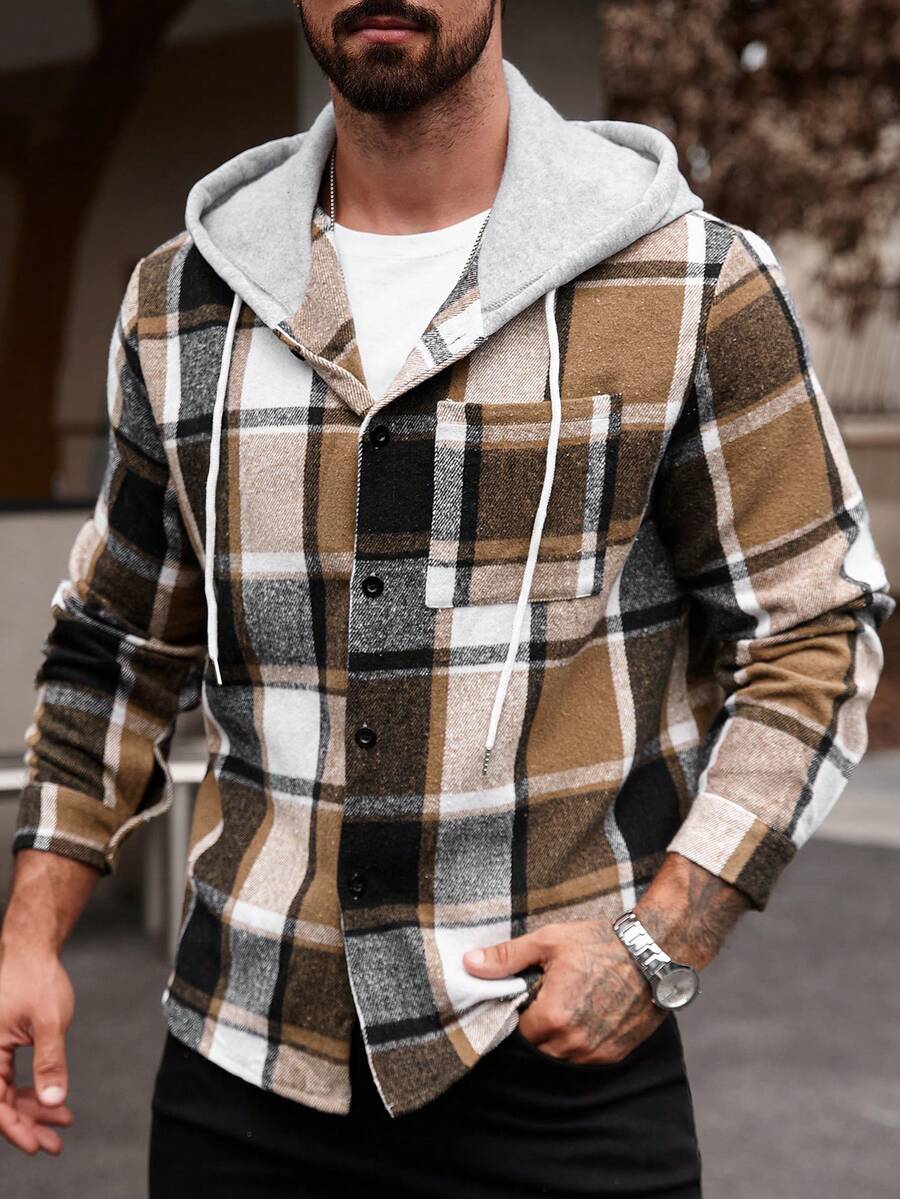 Manfinity Homme Chemise à capuche décontractée à manches longues avec cordon de serrage, grande taille pour hommes, motif à carreaux, sans t-shirt, cadeau pour petit ami