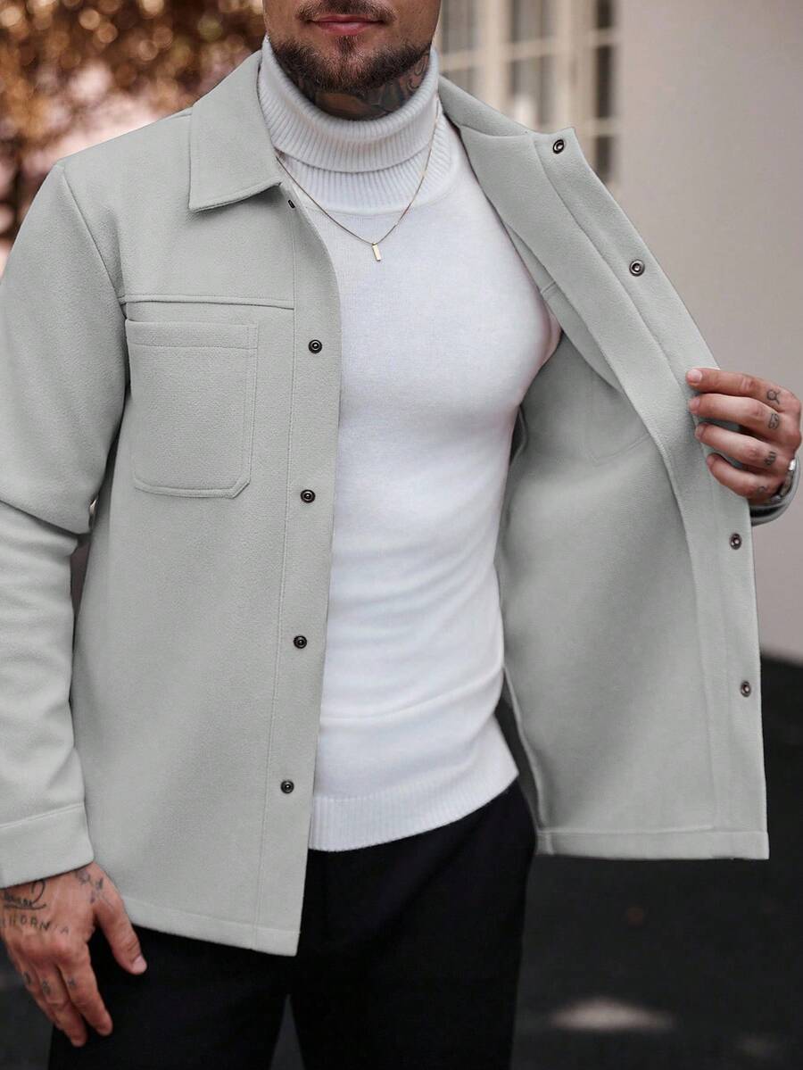 Manfinity CasualCool Manteau long casual à manches longues de couleur unie pour hommes, convenant à l'automne et à l'hiver. Manteau crème à boutons pour hommes