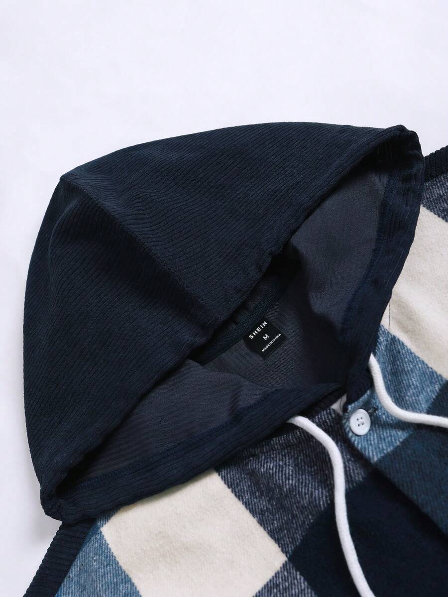 Manfinity Homme 1 pièce Manteau ample à capuche avec cordon de serrage, imprimé à carreaux, manches longues pour homme