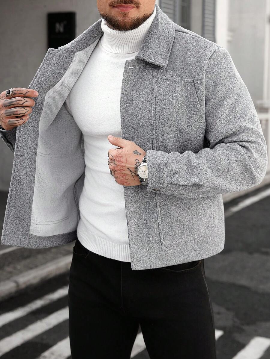 Manfinity CasualCool Manteau casual gris à col boutonné et manches longues pour hommes, idéal pour Halloween, Noël, sorties quotidiennes et affaires