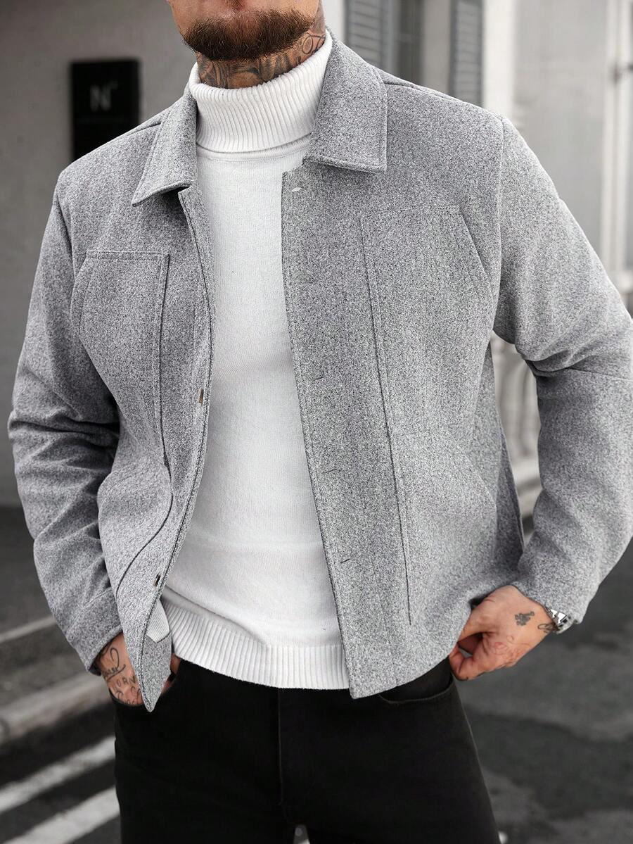 Manfinity CasualCool Manteau casual gris à col boutonné et manches longues pour hommes, idéal pour Halloween, Noël, sorties quotidiennes et affaires