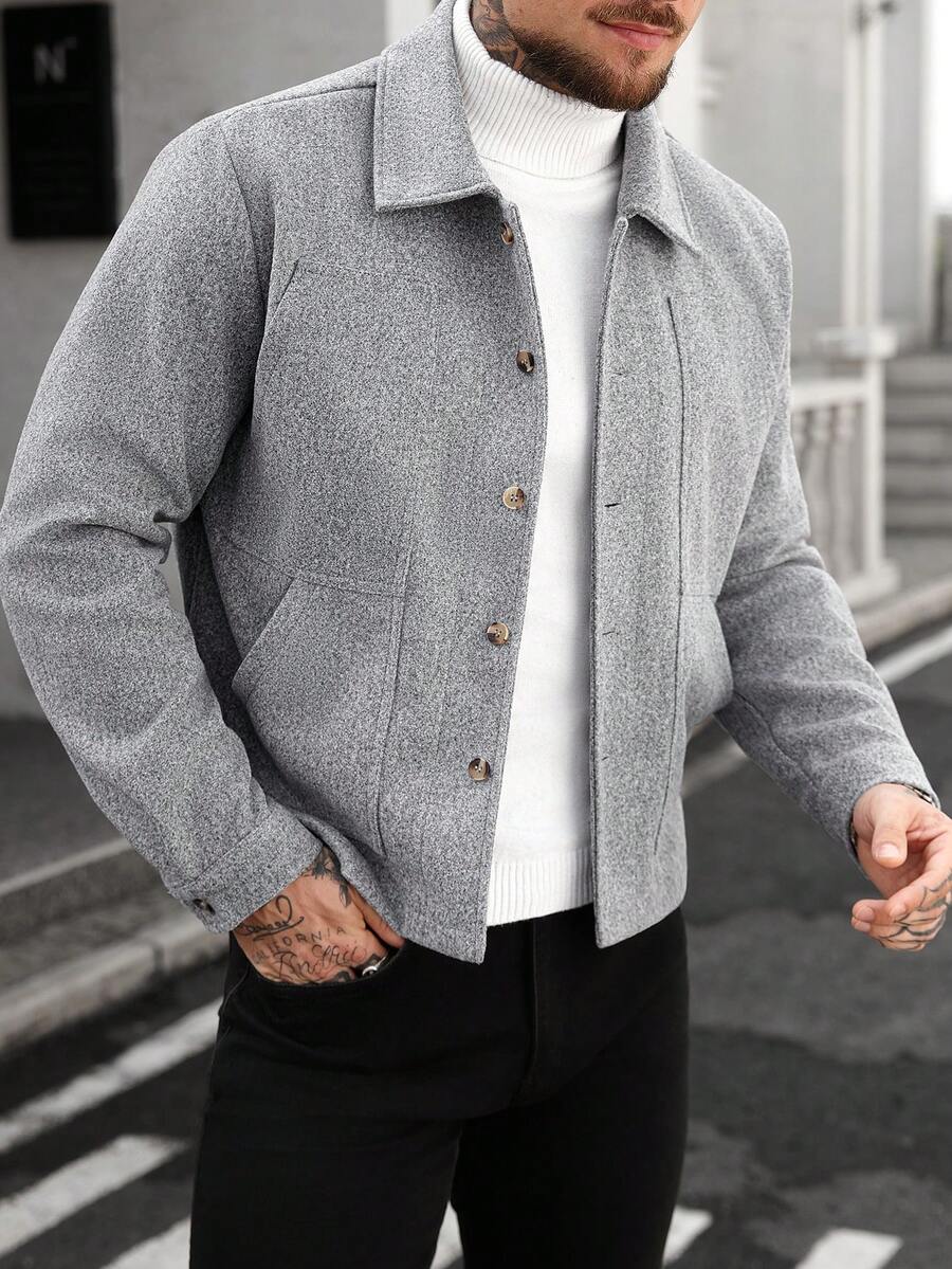 Manfinity CasualCool Manteau casual gris à col boutonné et manches longues pour hommes, idéal pour Halloween, Noël, sorties quotidiennes et affaires