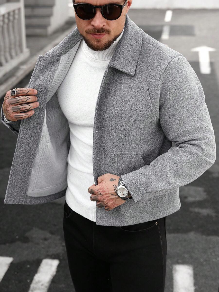 Manfinity CasualCool Manteau casual gris à col boutonné et manches longues pour hommes, idéal pour Halloween, Noël, sorties quotidiennes et affaires