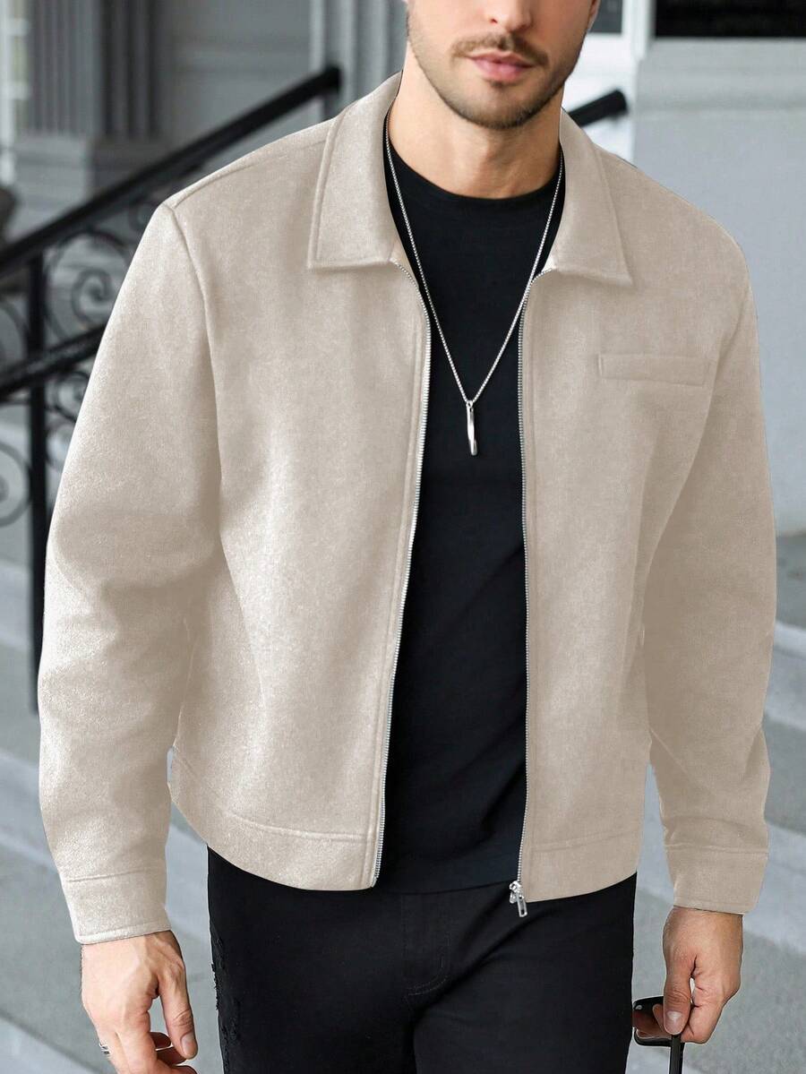 Manfinity CasualCool Veste décontractée zippée de couleur unie pour hommes, veste zippée de type chemise pour hommes en automne/hiver, veste courte pour hommes, vestes pour hommes à manches longues, veste pull pour hommes, vestes décontractées pour hommes