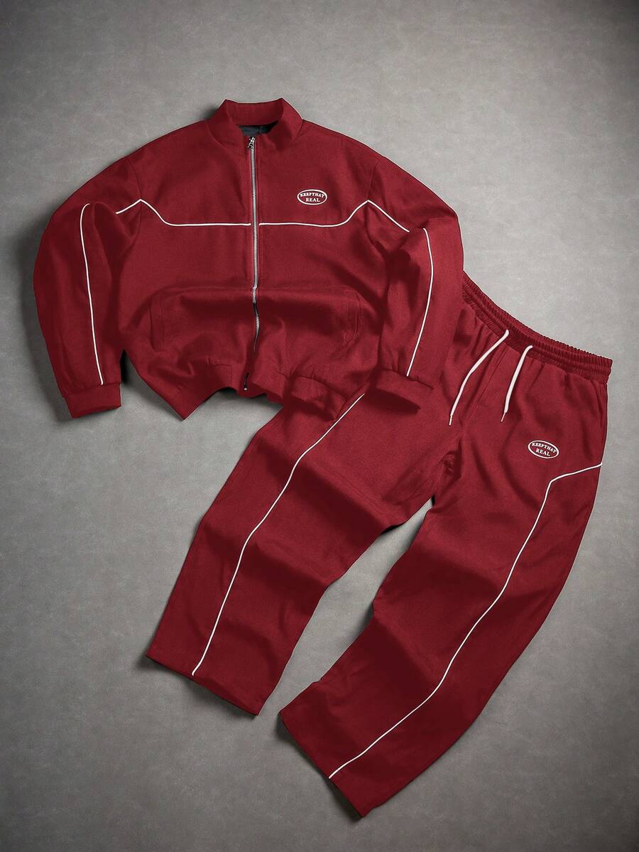 Manfinity Homme 2 pièces Veste à rayures latérales et imprimé lettres à manches longues et pantalon à taille élastique pour homme, tenue décontractée, vêtements d'automne