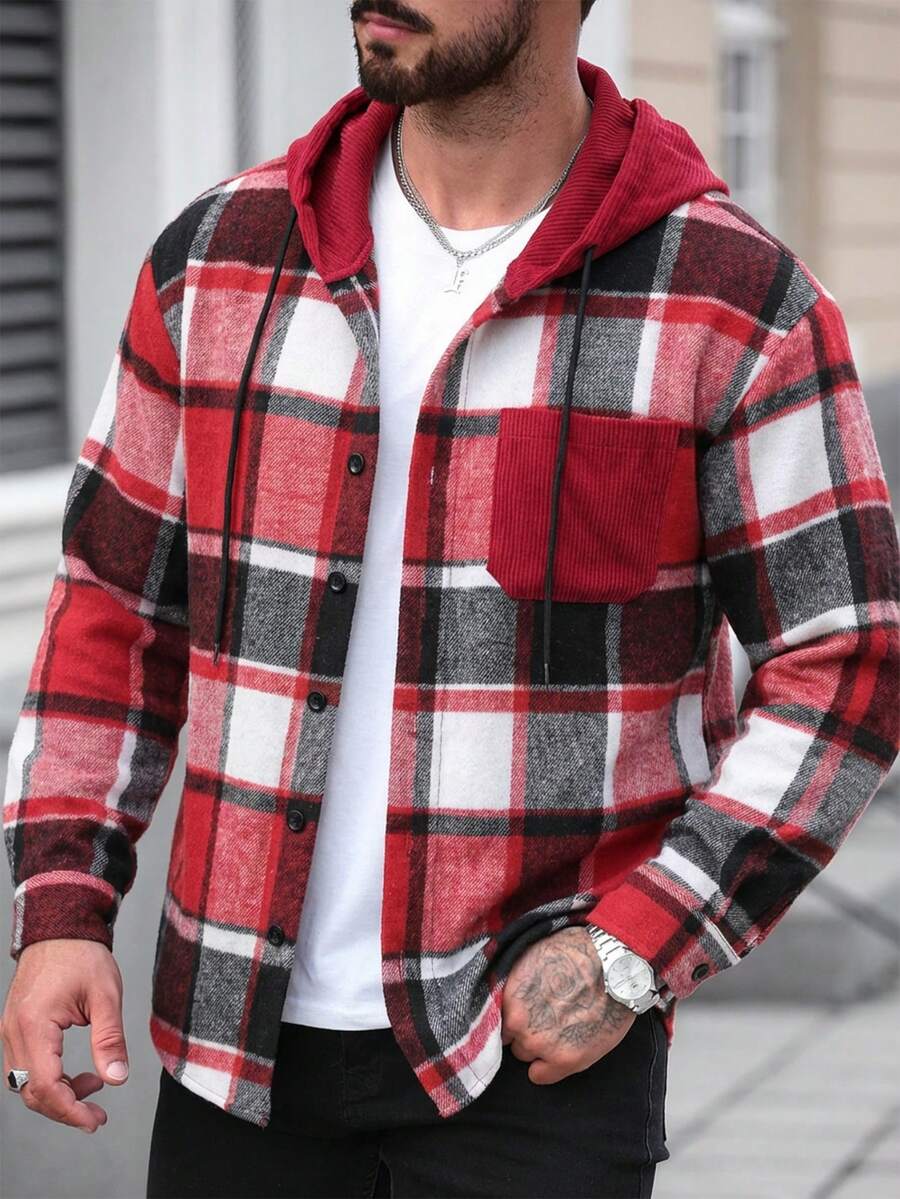 Manfinity Homme 1 pièce Manteau ample à capuche avec cordon de serrage, imprimé à carreaux, manches longues pour homme