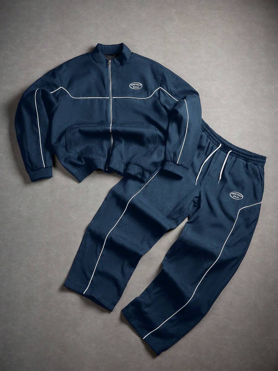 Manfinity Homme 2 pièces Veste à rayures latérales et imprimé lettres à manches longues et pantalon à taille élastique pour homme, tenue décontractée, vêtements d'automne