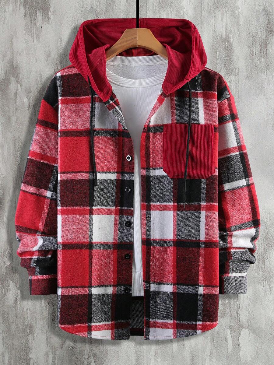 Manfinity Homme 1 pièce Manteau ample à capuche avec cordon de serrage, imprimé à carreaux, manches longues pour homme