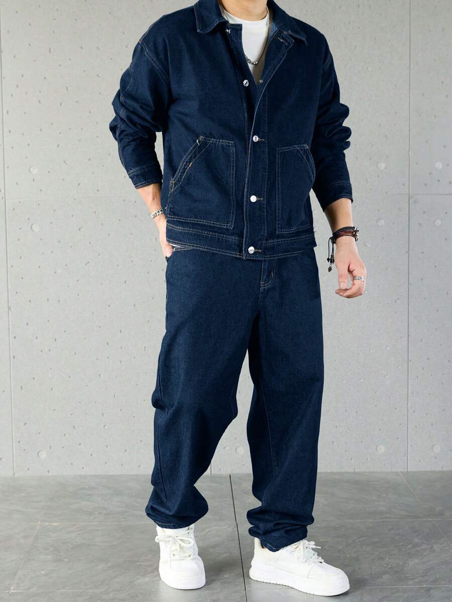 Manfinity Homme Ensemble veste en jean et pantalon décontracté pour homme, à simple boutonnage et manches longues