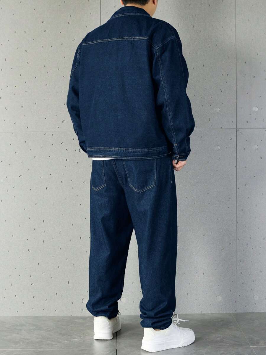 Manfinity Homme Ensemble veste en jean et pantalon décontracté pour homme, à simple boutonnage et manches longues