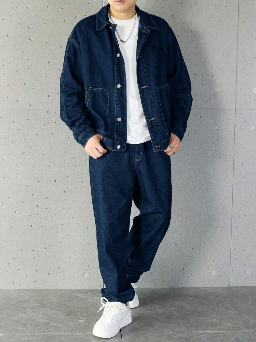 Manfinity Homme Ensemble veste en jean et pantalon décontracté pour homme, à simple boutonnage et manches longues