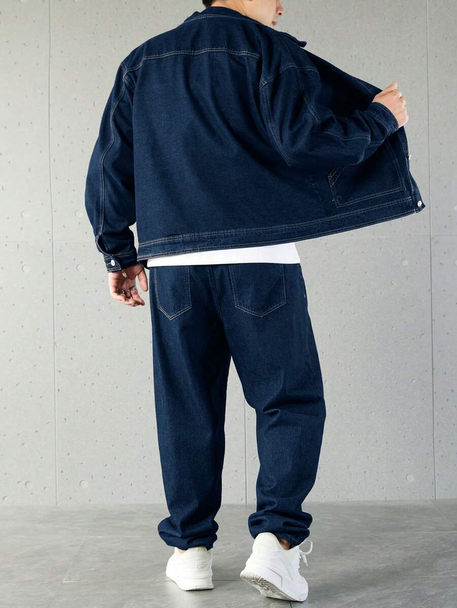 Manfinity Homme Ensemble veste en jean et pantalon décontracté pour homme, à simple boutonnage et manches longues