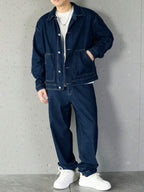 Manfinity Homme Ensemble veste en jean et pantalon décontracté pour homme, à simple boutonnage et manches longues
