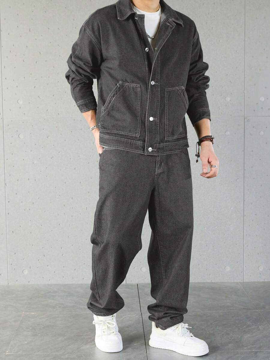 Manfinity Homme Ensemble veste en jean et pantalon décontracté pour homme, à simple boutonnage et manches longues