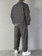 Manfinity Homme Ensemble veste en jean et pantalon décontracté pour homme, à simple boutonnage et manches longues