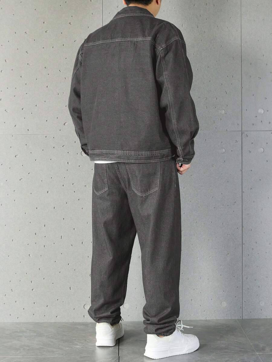 Manfinity Homme Ensemble veste en jean et pantalon décontracté pour homme, à simple boutonnage et manches longues