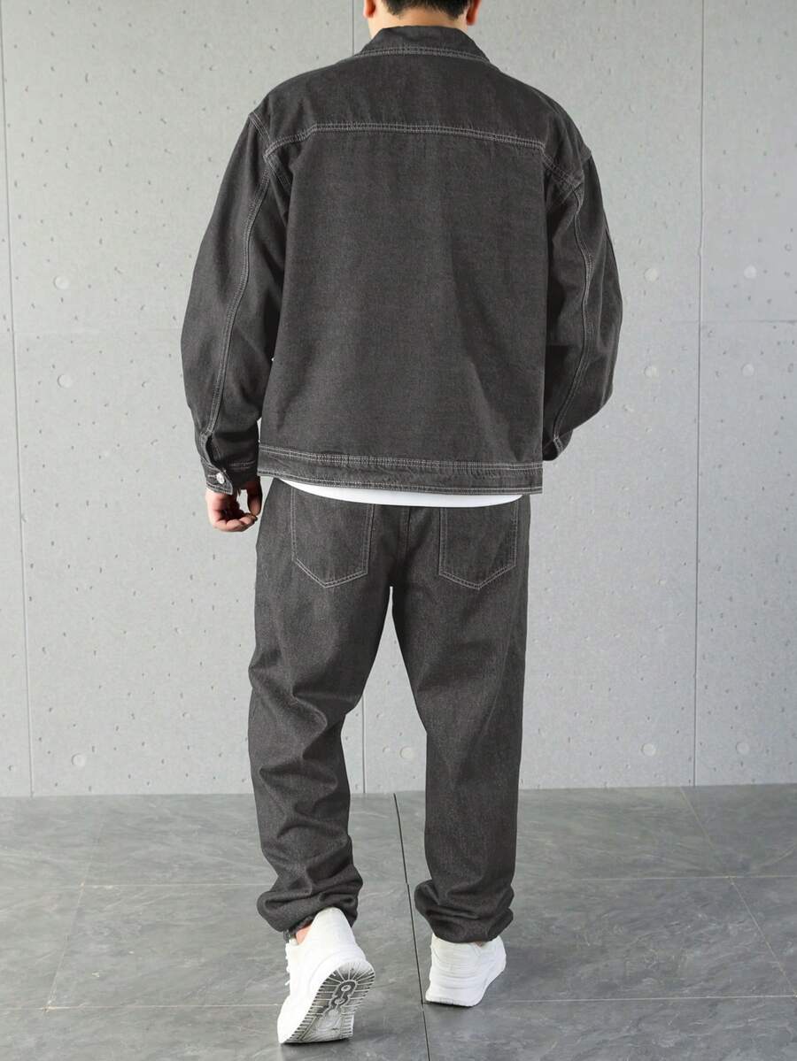 Manfinity Homme Ensemble veste en jean et pantalon décontracté pour homme, à simple boutonnage et manches longues