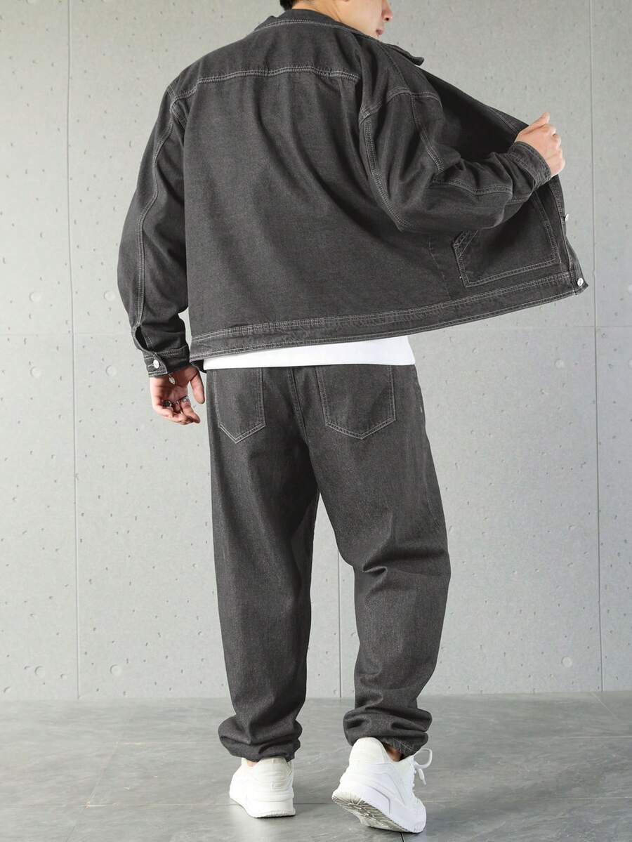 Manfinity Homme Ensemble veste en jean et pantalon décontracté pour homme, à simple boutonnage et manches longues