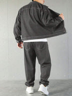 Manfinity Homme Ensemble veste en jean et pantalon décontracté pour homme, à simple boutonnage et manches longues