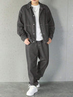 Manfinity Homme Ensemble veste en jean et pantalon décontracté pour homme, à simple boutonnage et manches longues