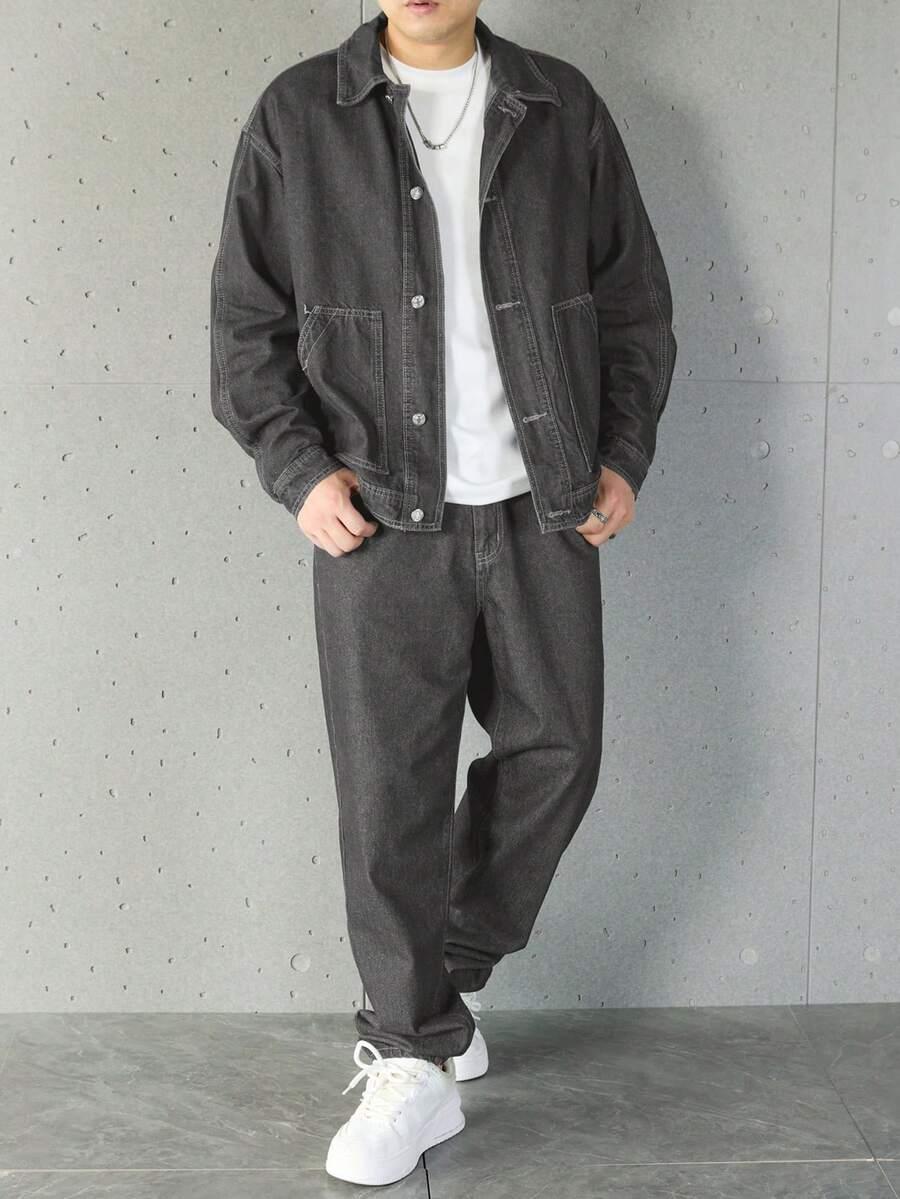 Manfinity Homme Ensemble veste en jean et pantalon décontracté pour homme, à simple boutonnage et manches longues
