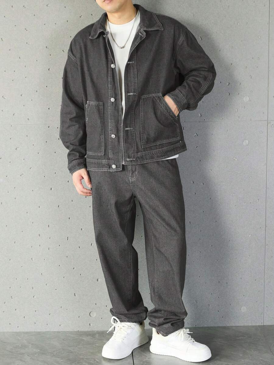 Manfinity Homme Ensemble veste en jean et pantalon décontracté pour homme, à simple boutonnage et manches longues