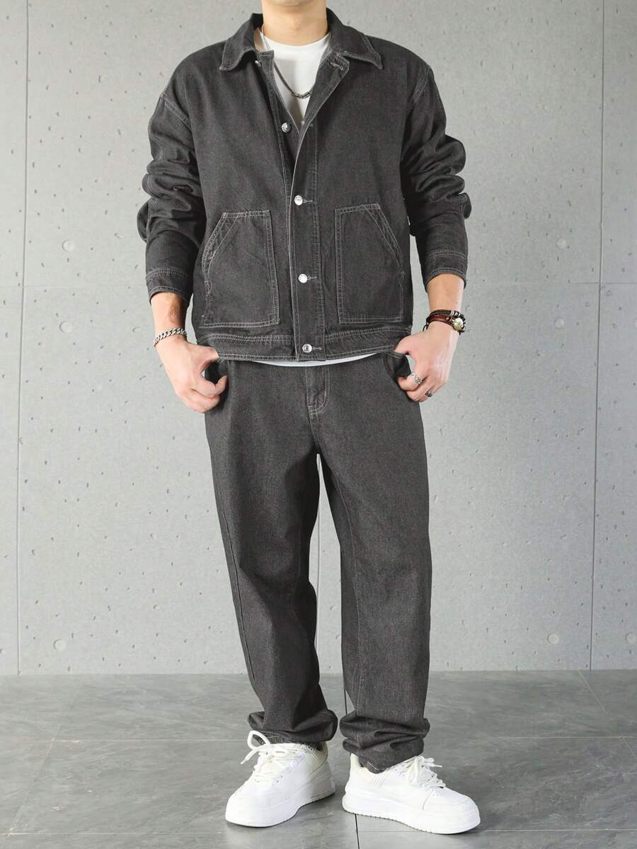 Manfinity Homme Ensemble veste en jean et pantalon décontracté pour homme, à simple boutonnage et manches longues