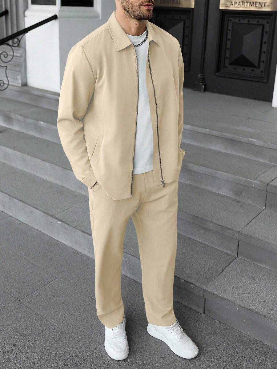 Manfinity CasualCool Ensemble veste zippée et pantalon casual de couleur unie pour hommes. Ensemble deux pièces gris pour hommes, vêtements d'automne, tenues confortables