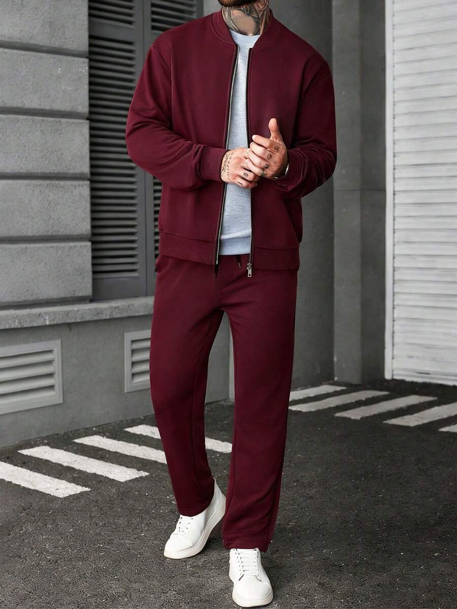 Manfinity CasualCool Ensemble veste zippée et pantalon de couleur unie décontracté pour homme, automne