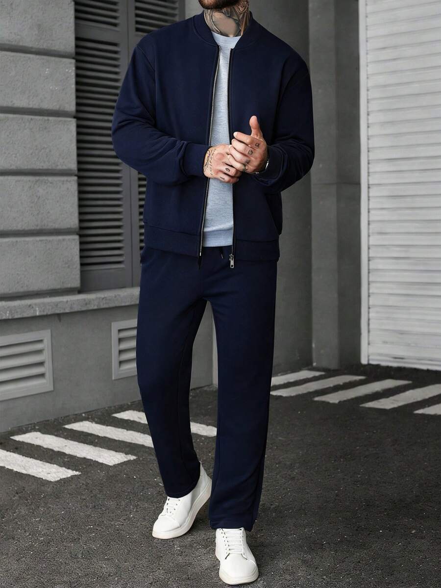 Manfinity CasualCool Ensemble veste zippée et pantalon de couleur unie décontracté pour homme, automne