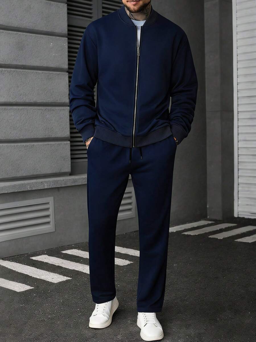 Manfinity CasualCool Ensemble veste zippée et pantalon de couleur unie décontracté pour homme, automne