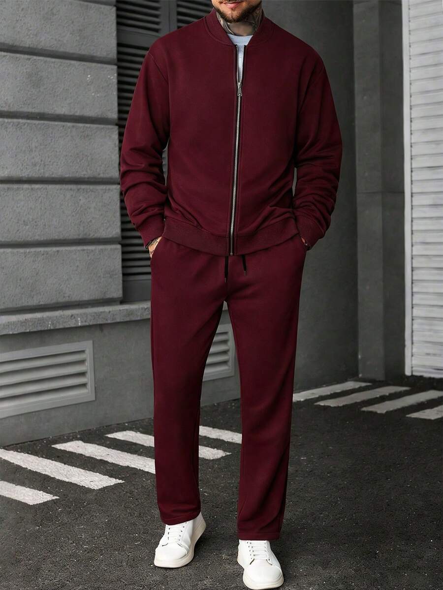 Manfinity CasualCool Ensemble veste zippée et pantalon de couleur unie décontracté pour homme, automne