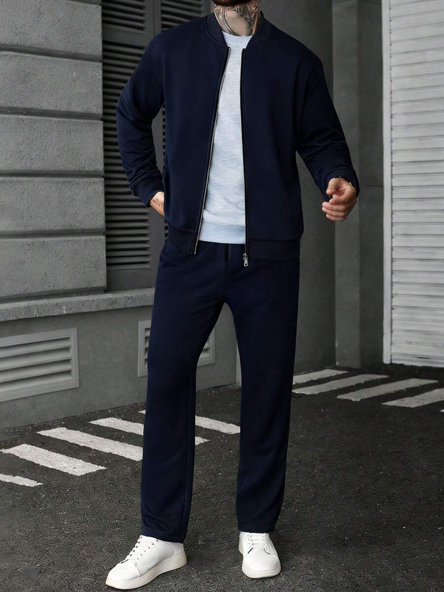 Manfinity CasualCool Ensemble veste zippée et pantalon de couleur unie décontracté pour homme, automne