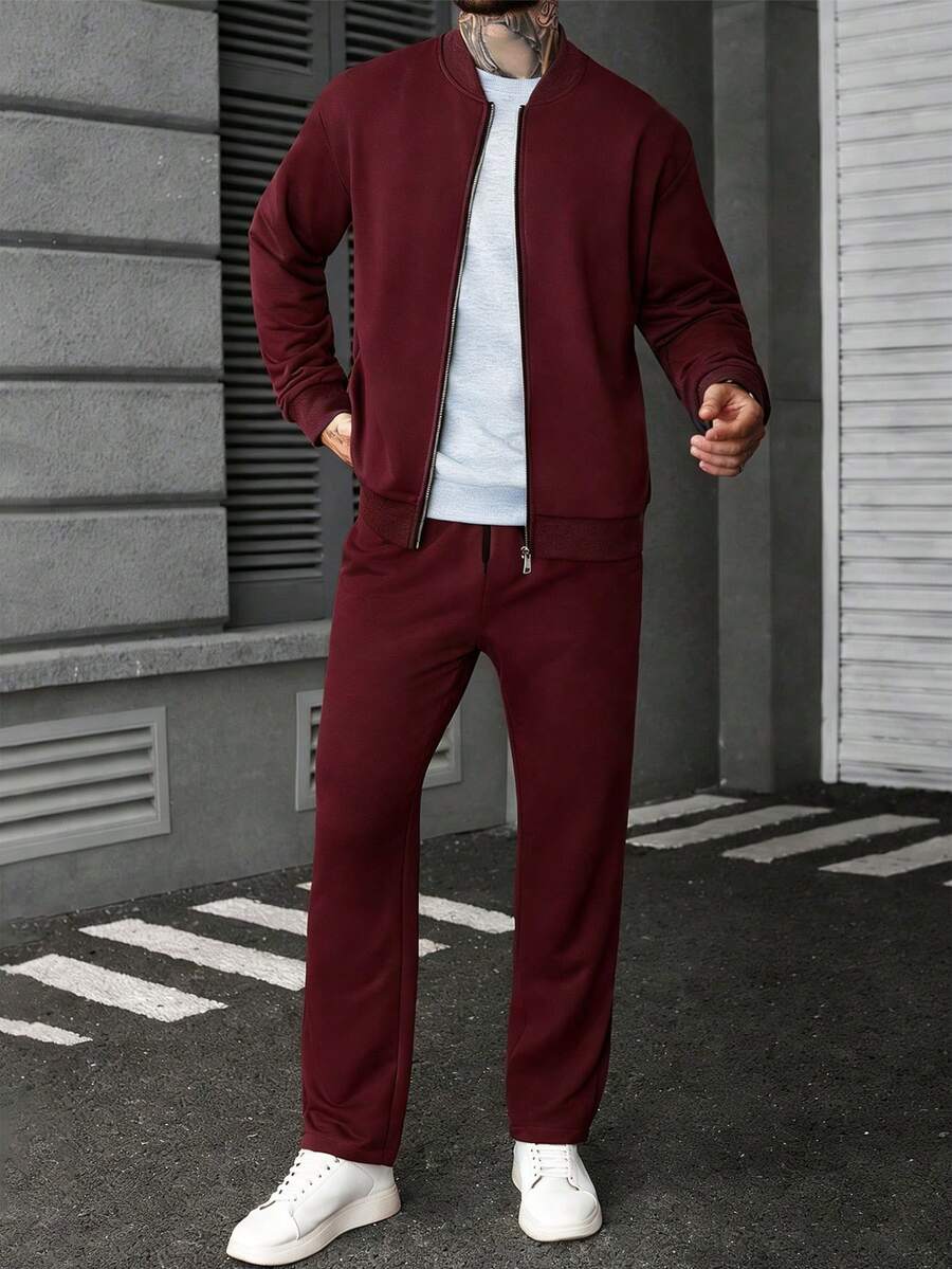 Manfinity CasualCool Ensemble veste zippée et pantalon de couleur unie décontracté pour homme, automne