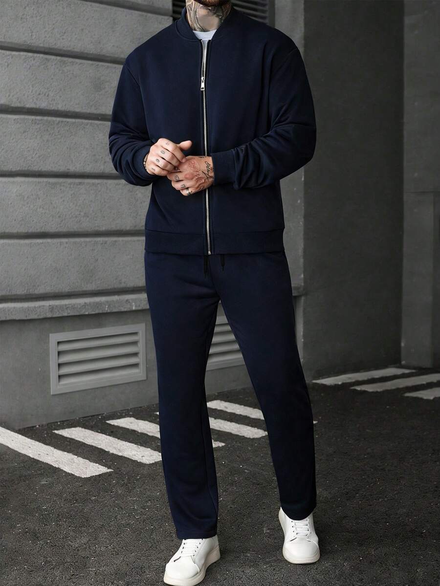 Manfinity CasualCool Ensemble veste zippée et pantalon de couleur unie décontracté pour homme, automne