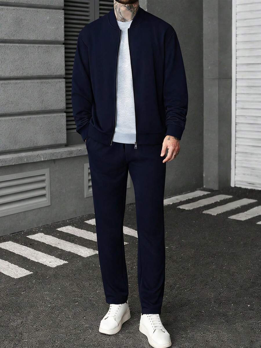 Manfinity CasualCool Ensemble veste zippée et pantalon de couleur unie décontracté pour homme, automne