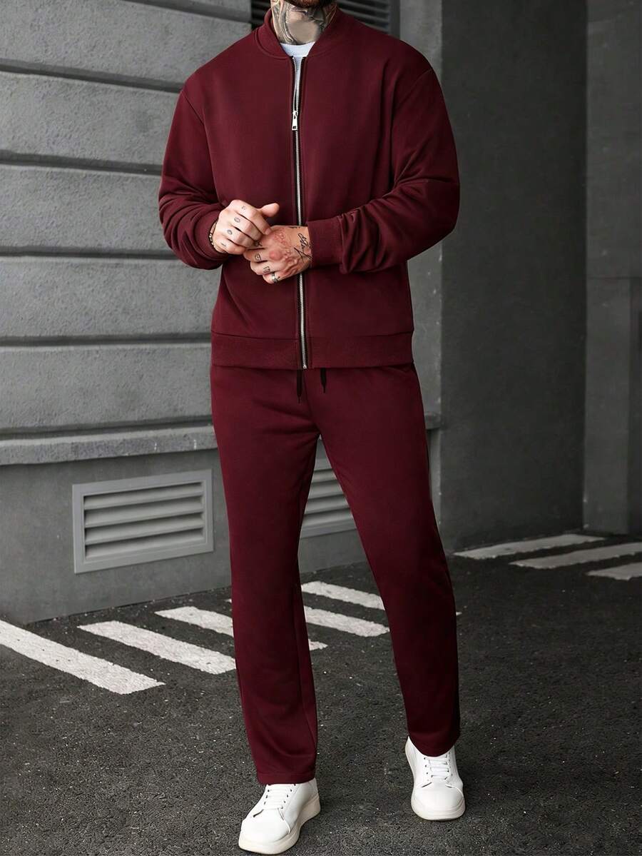 Manfinity CasualCool Ensemble veste zippée et pantalon de couleur unie décontracté pour homme, automne