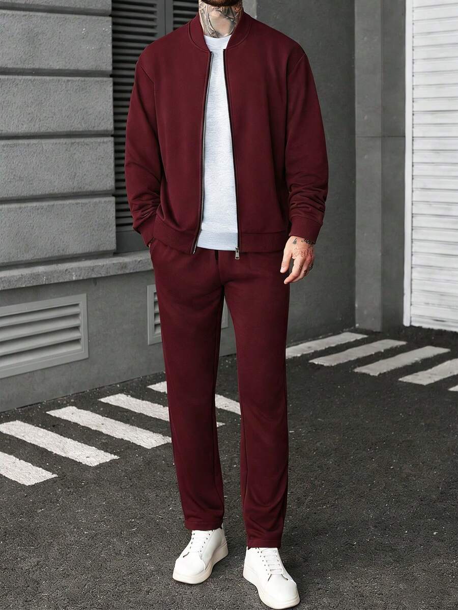 Manfinity CasualCool Ensemble veste zippée et pantalon de couleur unie décontracté pour homme, automne