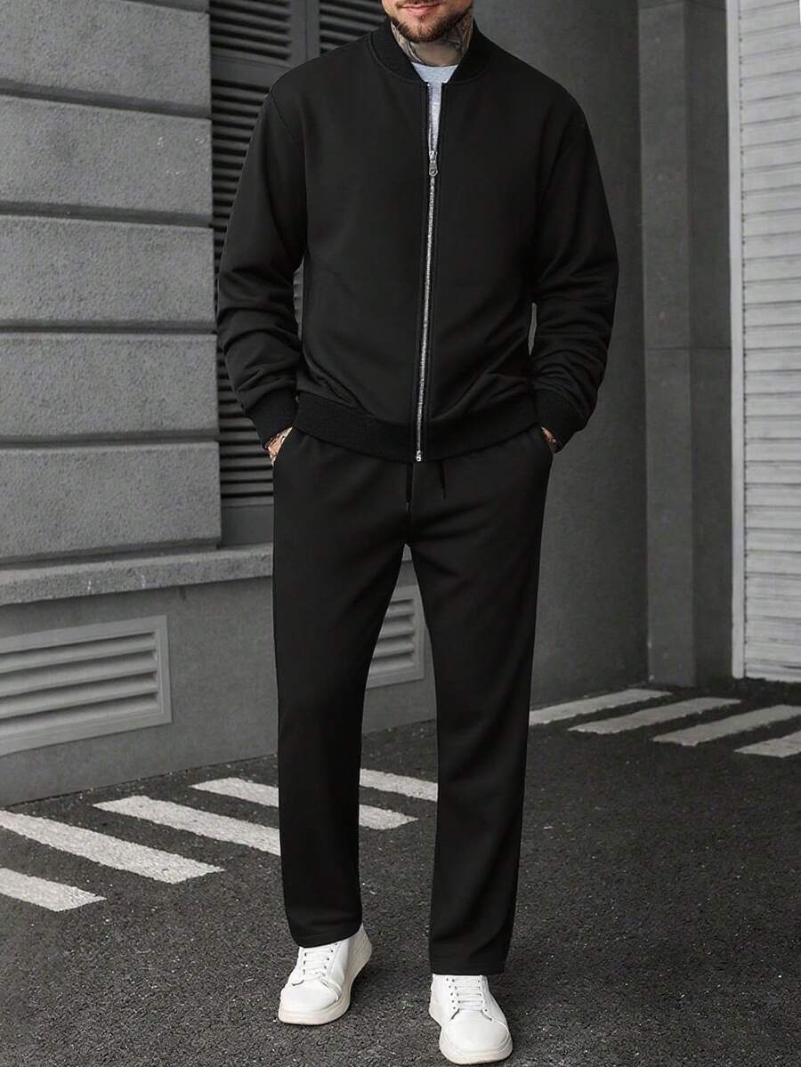 Manfinity CasualCool Ensemble veste zippée et pantalon de couleur unie décontracté pour homme, automne