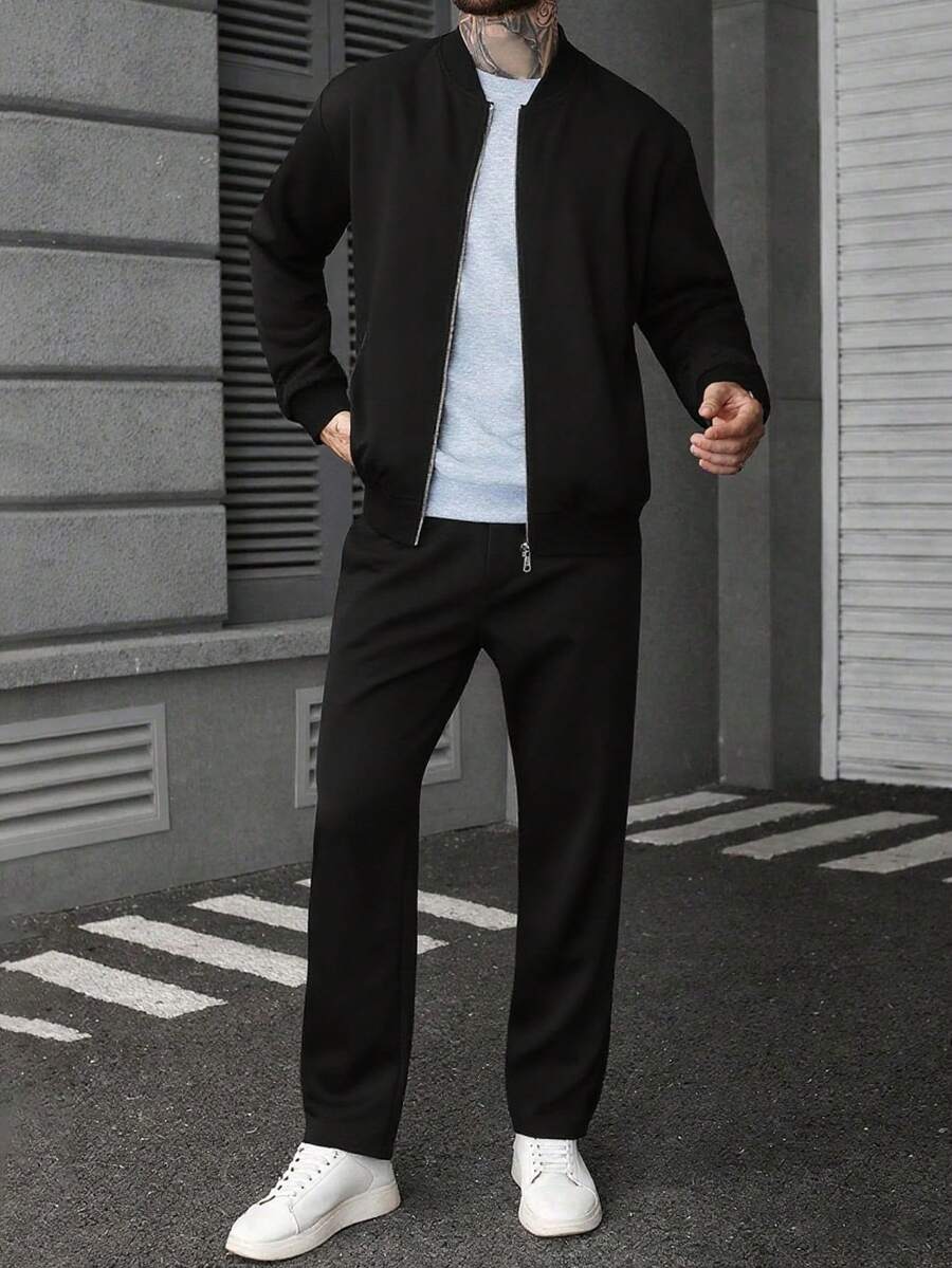 Manfinity CasualCool Ensemble veste zippée et pantalon de couleur unie décontracté pour homme, automne